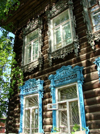 Details of a traditional wooden house in Tomsk
